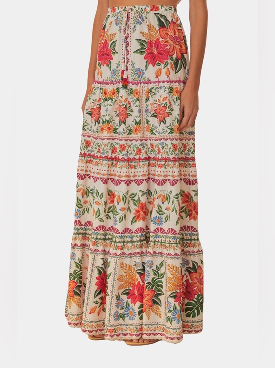 FARM Rio Dresses & Skirts - Farm Rio Floral Maxi Skirt - Cream with Multicolor Embroidery